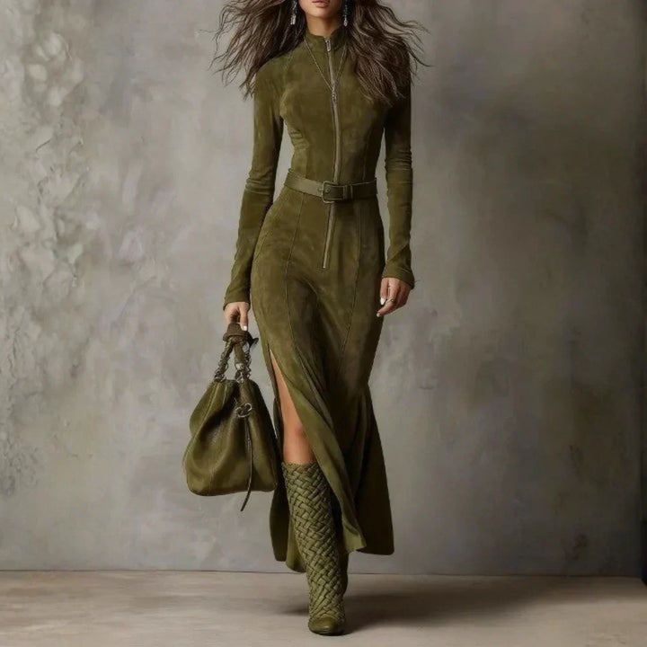 Marija - Elegantná Dlhá Šaty z Suede s Pásom a Rozparkom