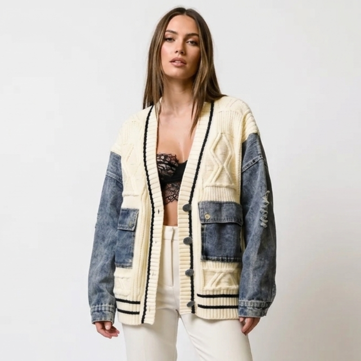 Cora – Pletená bunda patchwork s uvoľneným denimom