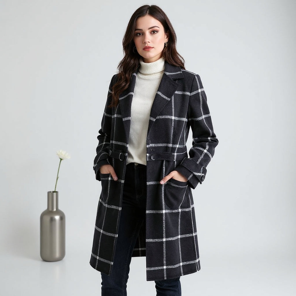 Athena - Elegantný Vlněný Kabát v Zelenom Károvanom Vzore