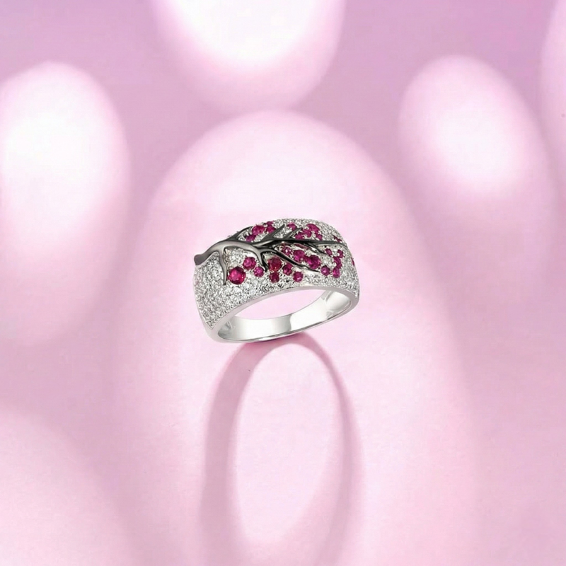 Bague arbre de fleurs rubis | Or blanc