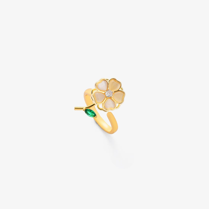 Bague tournante fleur feuille émeraude | Or