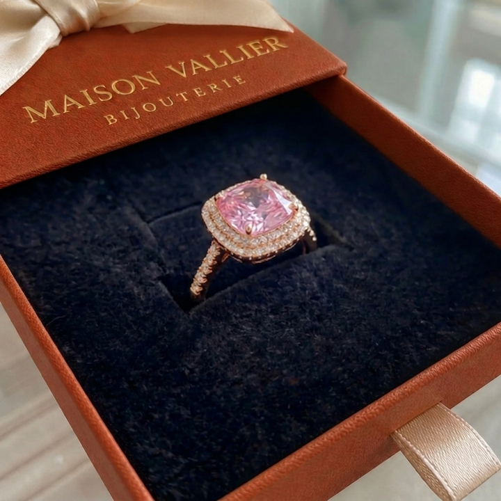 Bague en saphir rose coussin | Or blanc