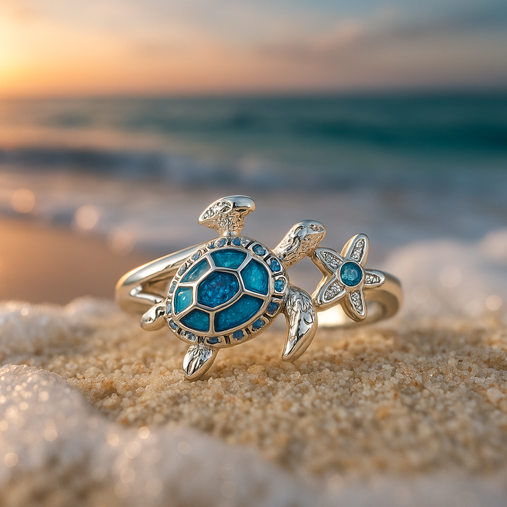 Bague avec tortue et opale bleue | Argent