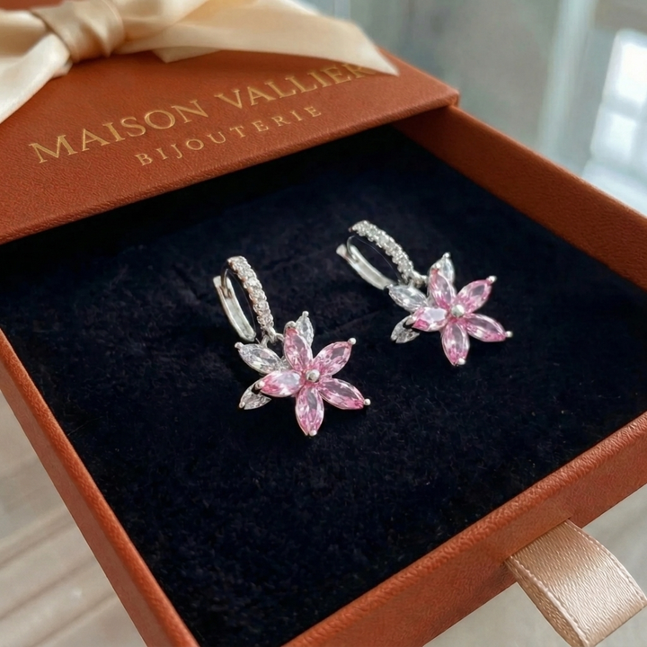 Boucles d'oreilles Thalia rose éclat de pétales | Or blanc