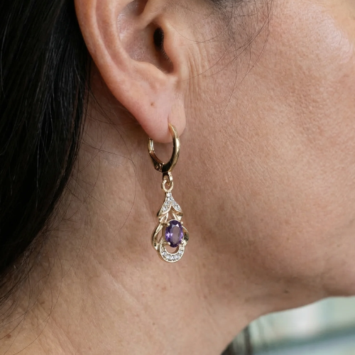 Boucles d'oreilles en améthyste en forme de goutte d'eau illuminées par la lune | Or rose