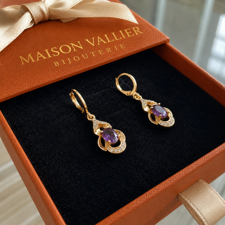 Boucles d'oreilles en améthyste en forme de goutte d'eau illuminées par la lune | Or rose