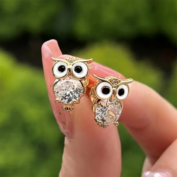 Vintage náušnice s owl s kryštálmi | Zlato