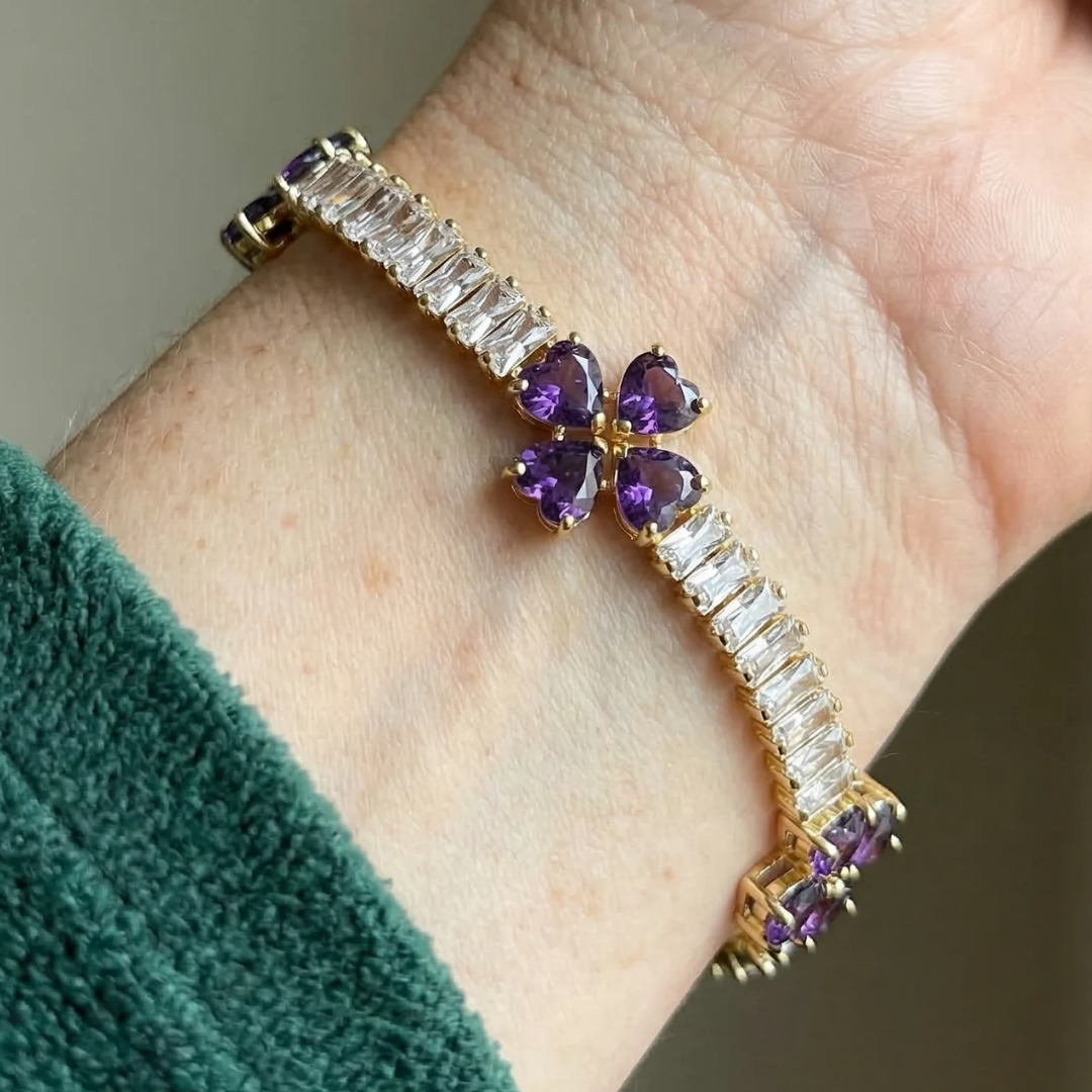 Bracelet cœur trèfle améthyste | Or