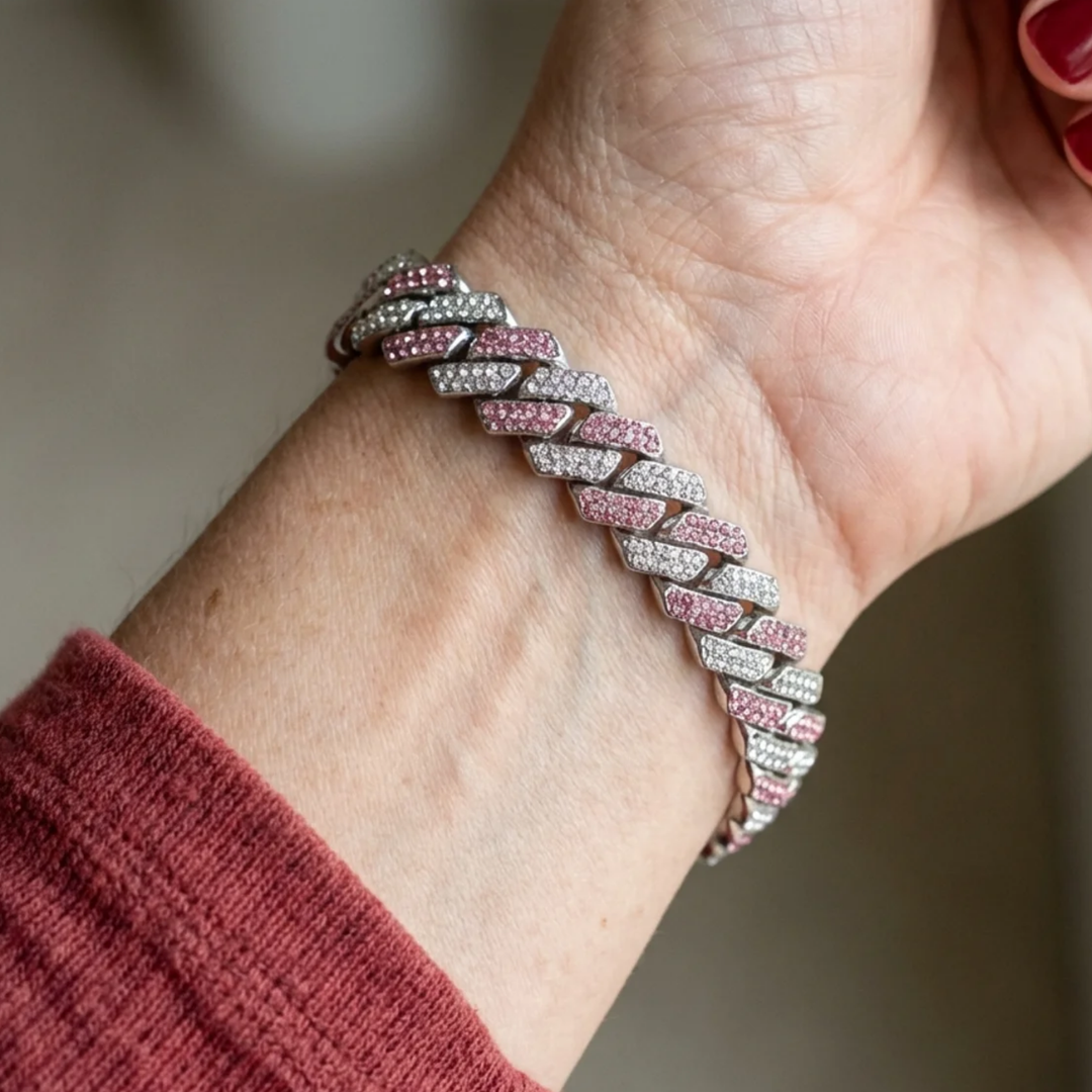 Bracelet cubain pailleté rose | Or blanc