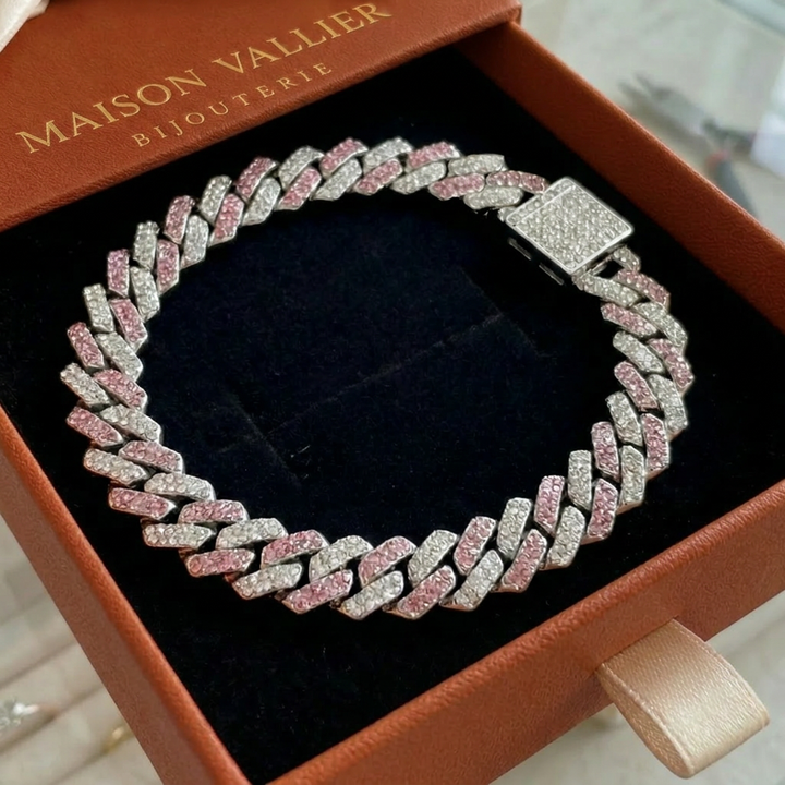 Bracelet cubain pailleté rose | Or blanc