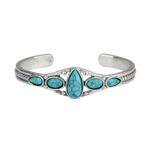 Bracelet ouvert en forme de goutte d'eau turquoise | Or blanc