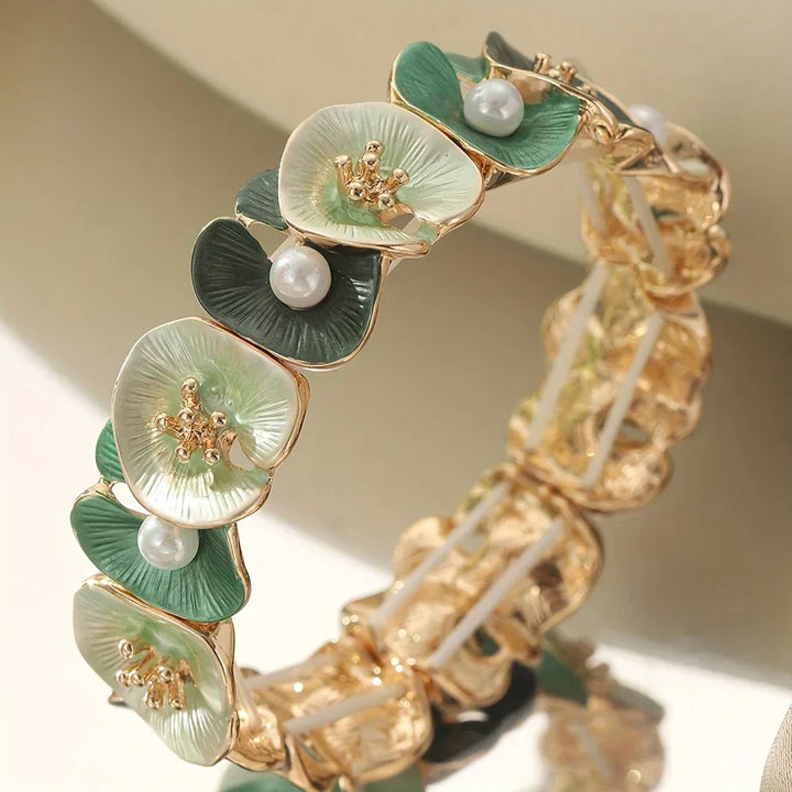 Bracelet vintage avec fleurs vertes et marguerites | Or
