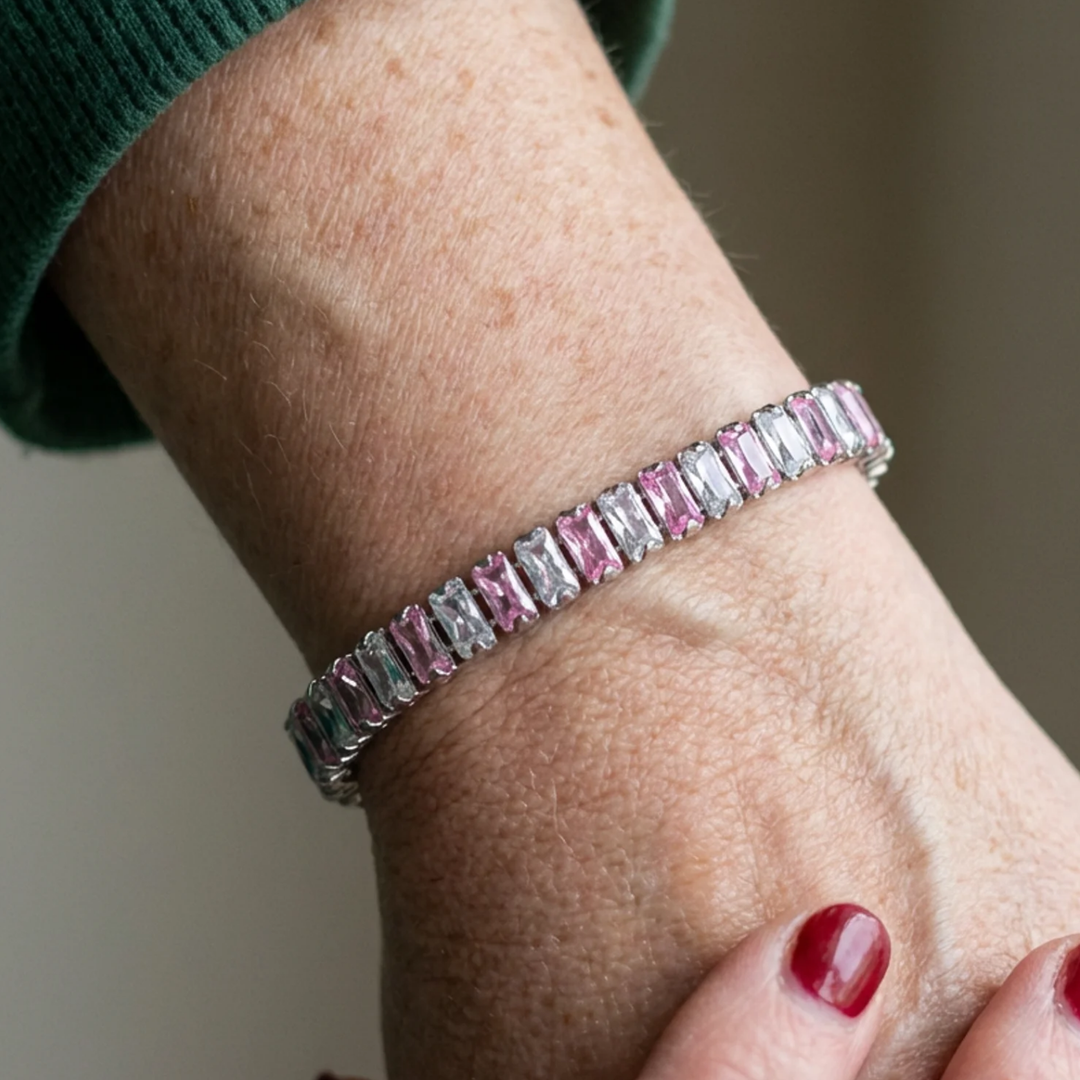 Bracelet de tennis à rayures roses | Or blanc