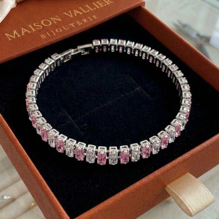 Bracelet de tennis à rayures roses | Or blanc