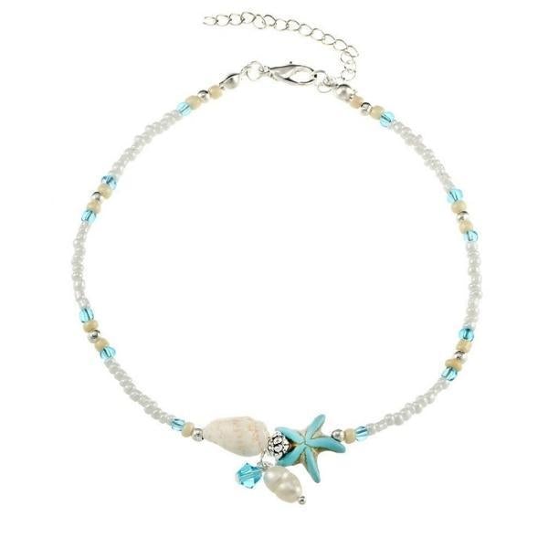 Bracelet de cheville avec étoiles et coquillage en pierres naturelles | Or