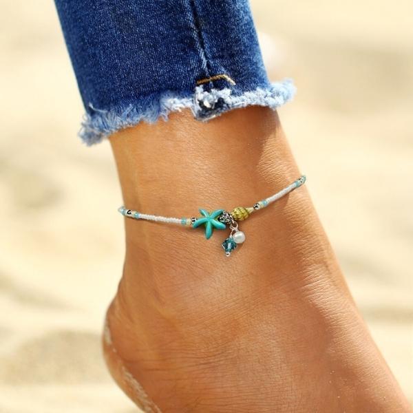 Bracelet de cheville avec étoiles et coquillage en pierres naturelles | Or