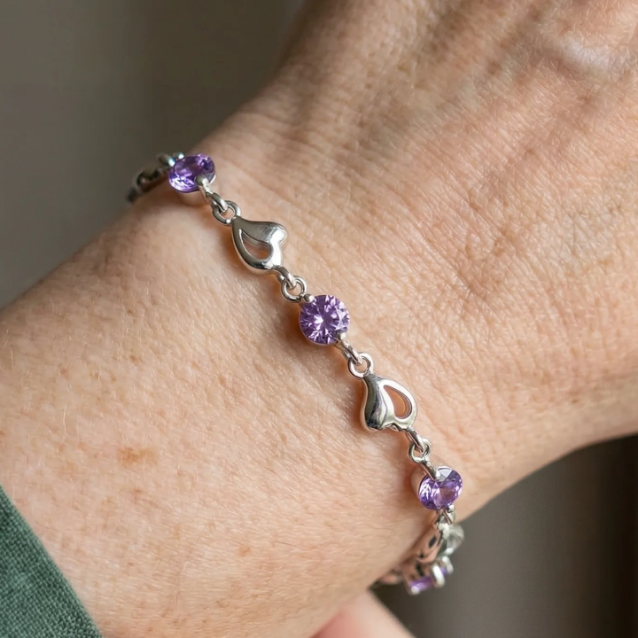 Bracelet en améthyste avec charme cœur | Or blanc