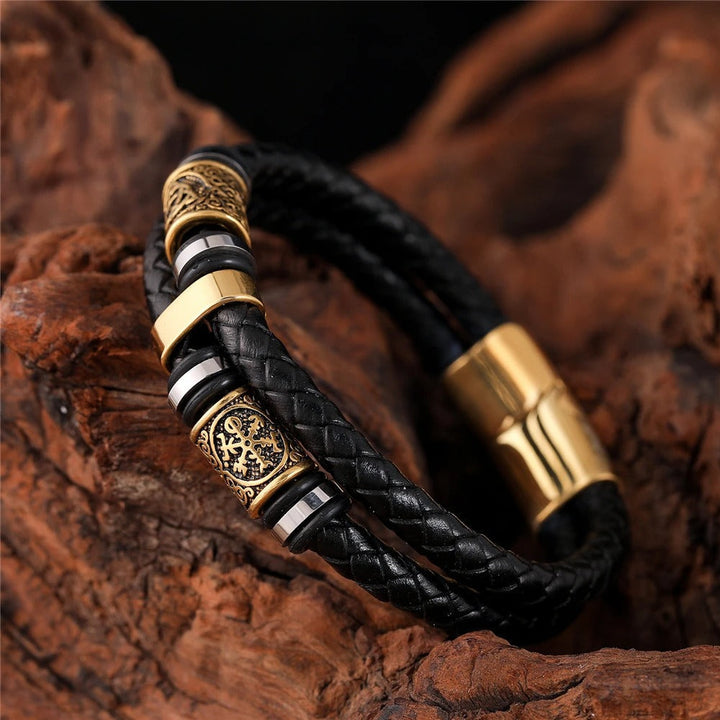 Bracelet en cuir noir tressé avec pendentif | Or