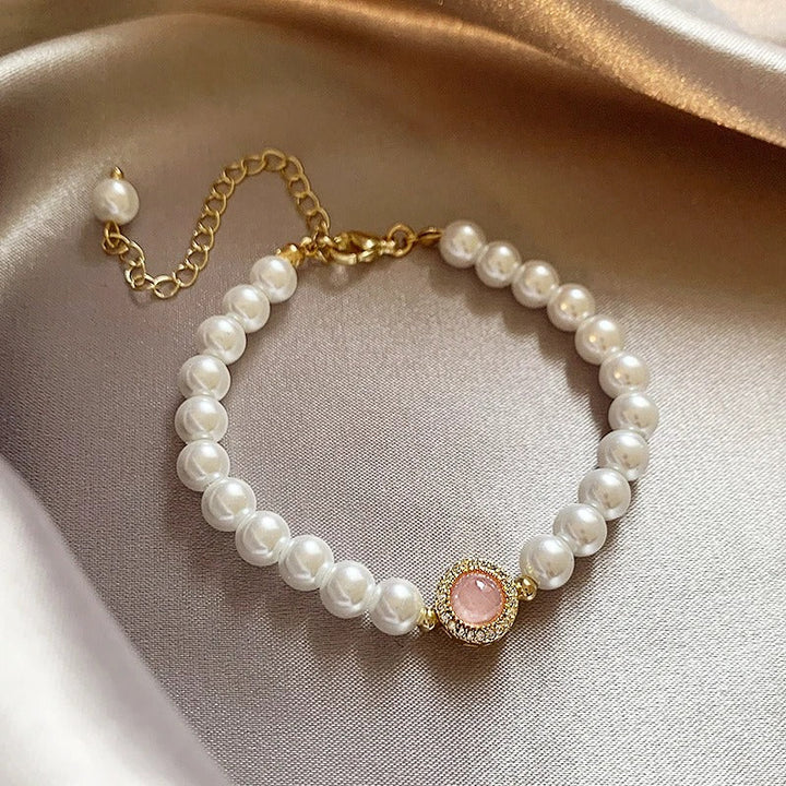 Bracelet rétro avec perles et quartz rose | Or