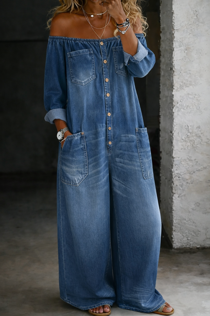 Elena™ | Kombinéza z mäkkého denimu s odhalenými ramenami