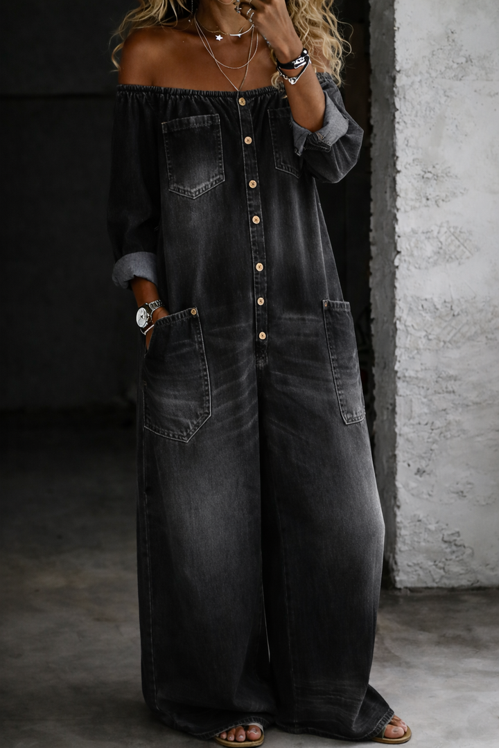 Elena™ | Kombinéza z mäkkého denimu s odhalenými ramenami