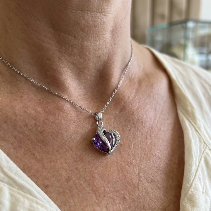 Collier améthyste deux cœurs | Or blanc