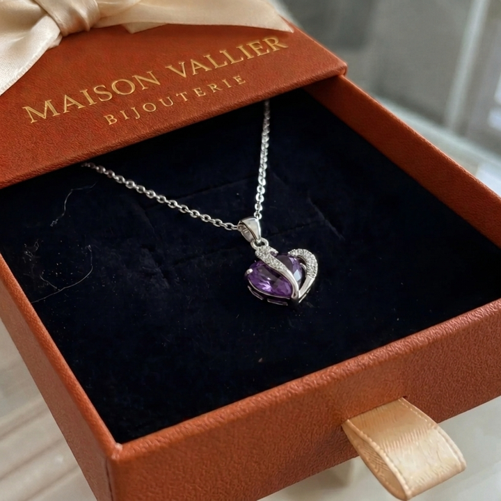Collier améthyste deux cœurs | Or blanc