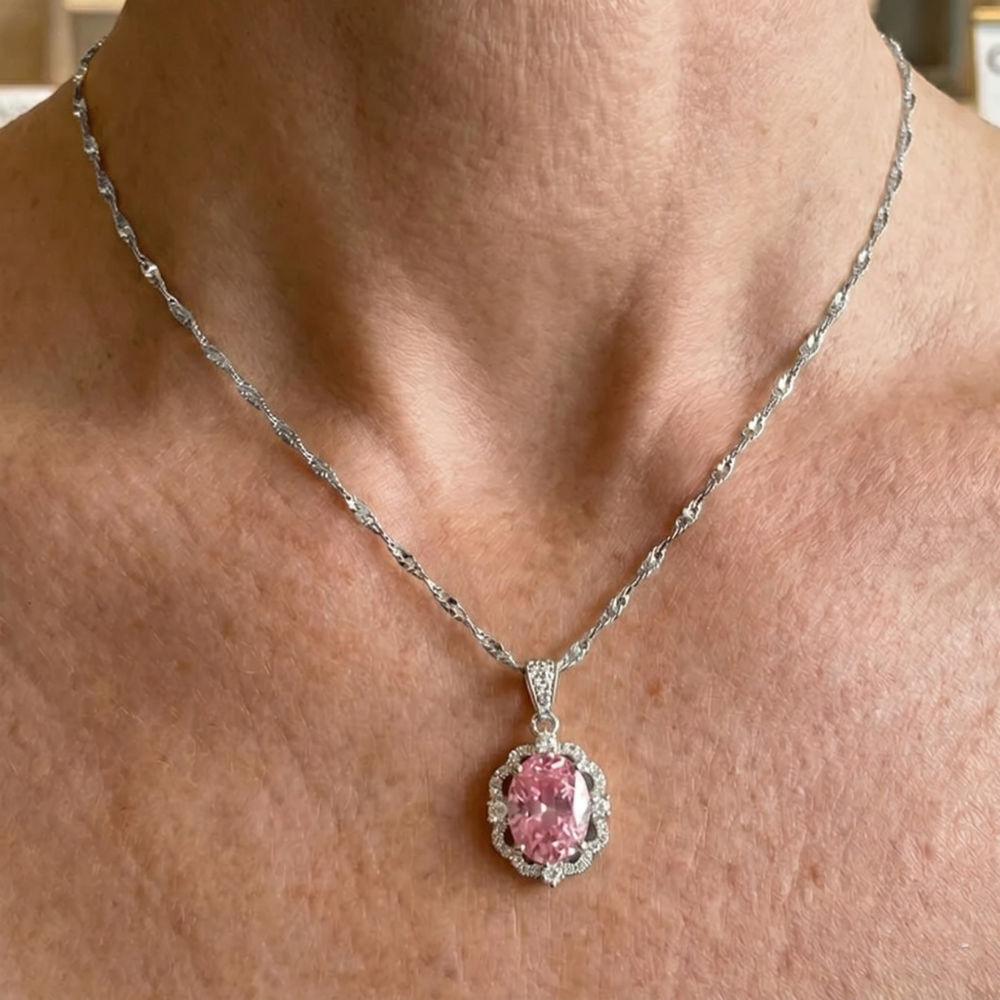 Collier auréole couronne ovale rose | Or blanc