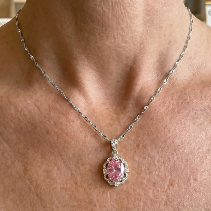 Collier auréole couronne ovale rose | Or blanc