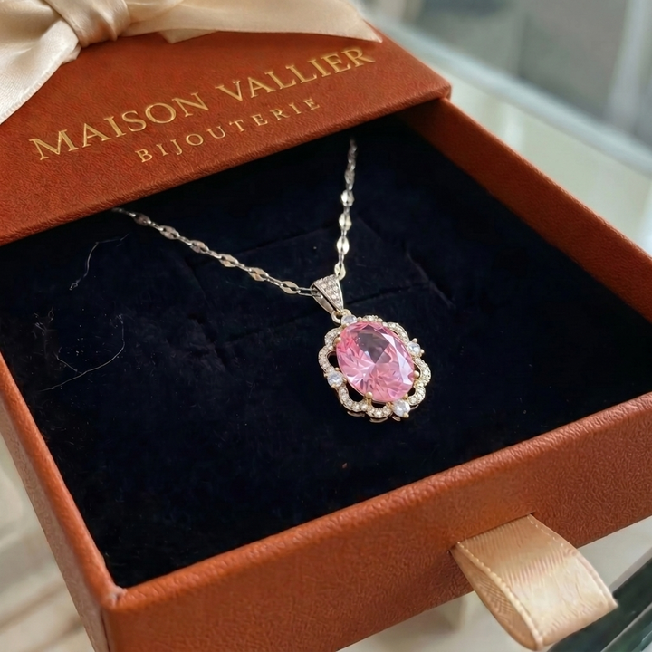 Collier auréole couronne ovale rose | Or blanc