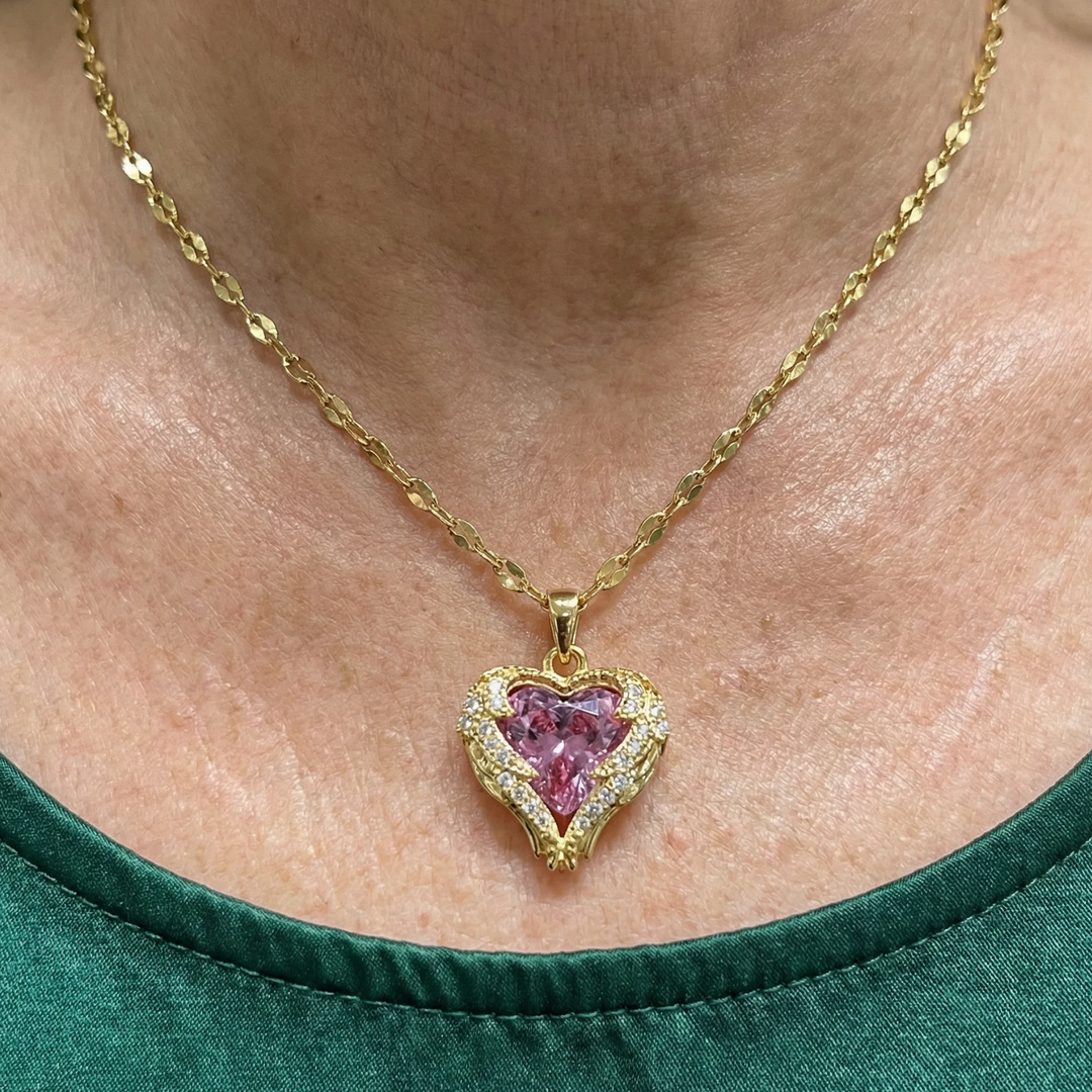 Collier cœur rose étreinte d'ange | Or