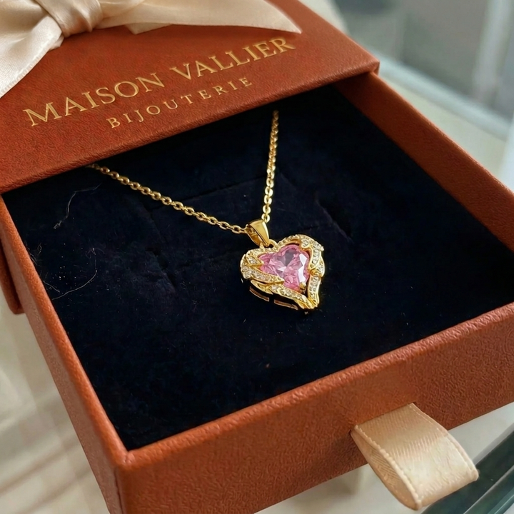 Collier cœur rose étreinte d'ange | Or