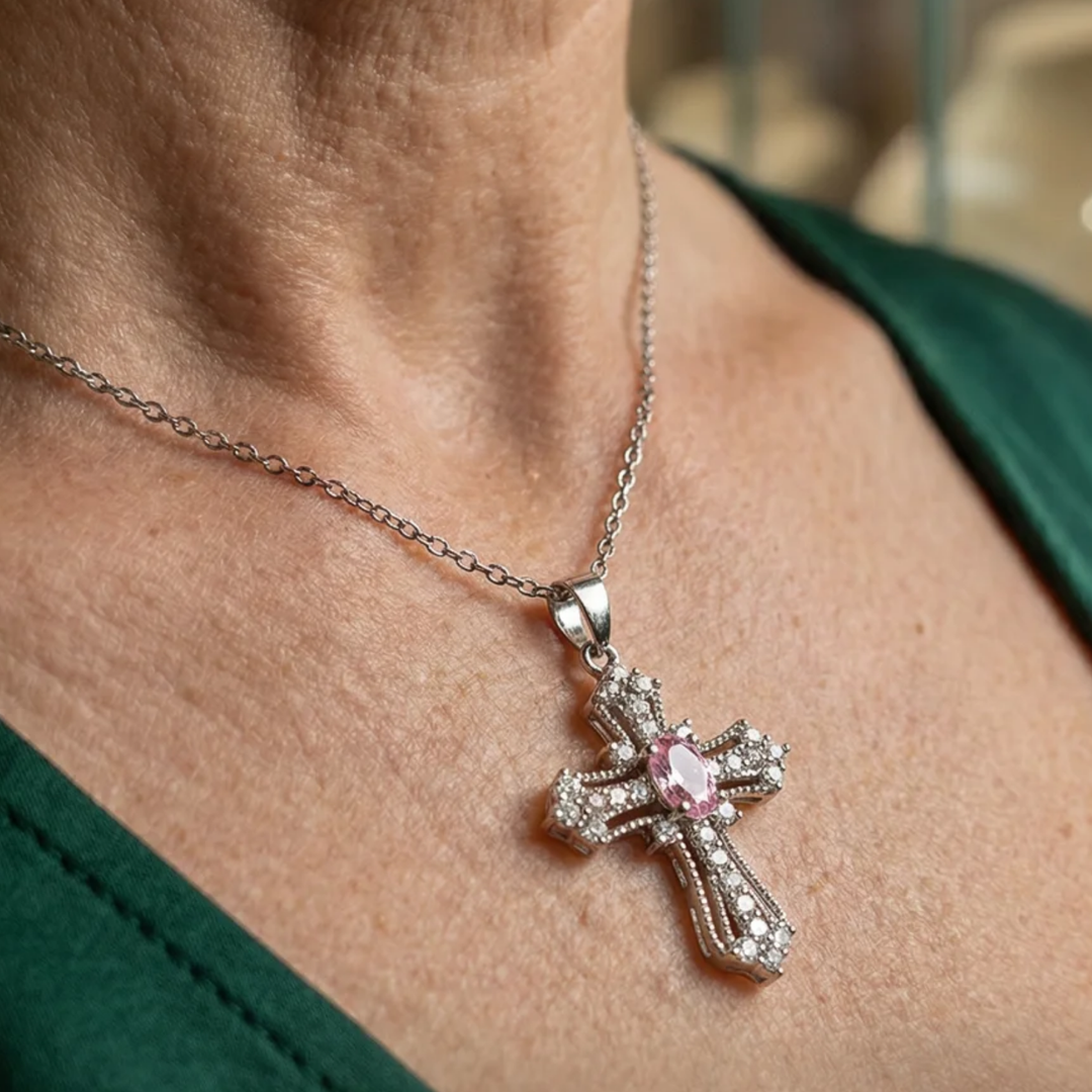 Collier croix céleste rose | Or blanc