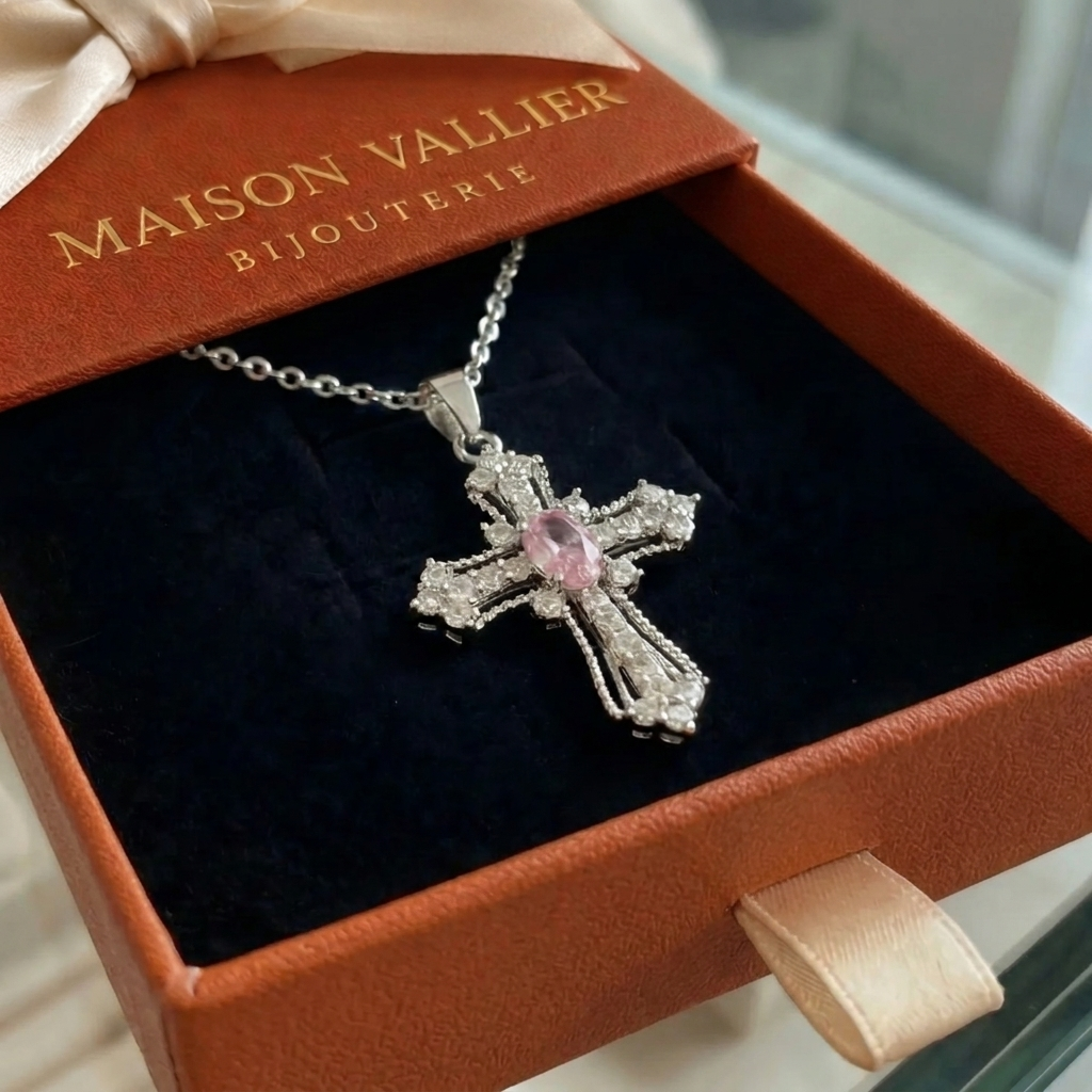 Collier croix céleste rose | Or blanc