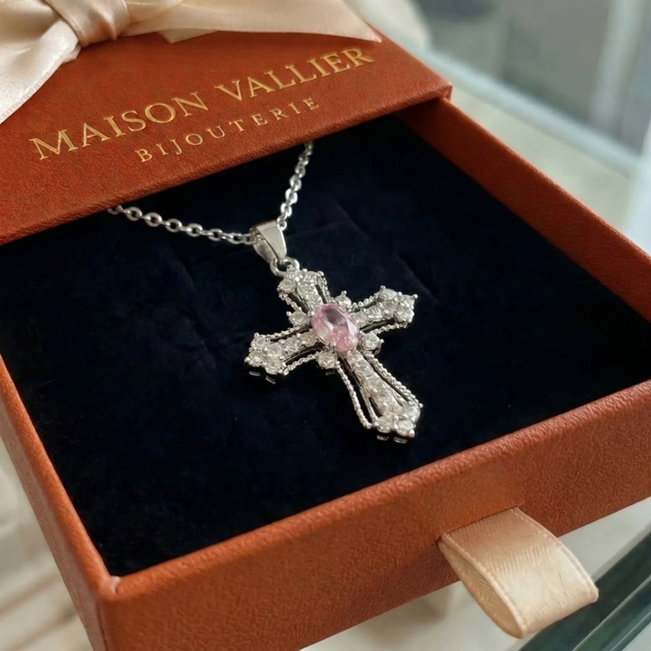 Collier croix céleste rose | Or blanc