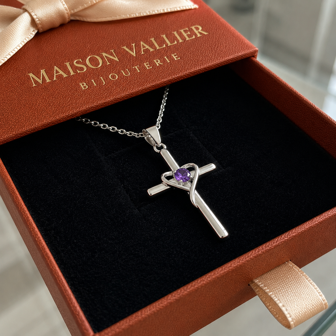 Collier croix centrale en améthyste | Or blanc