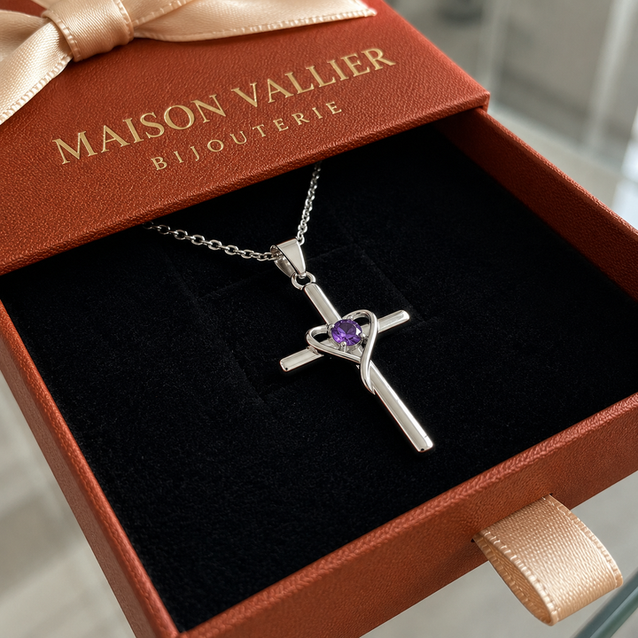Collier croix centrale en améthyste | Or blanc