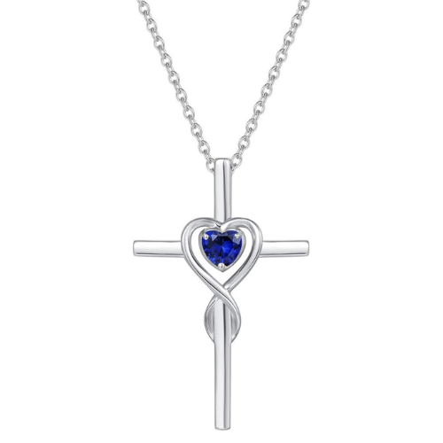 Collier croix en pierre de cœur saphir | Or blanc