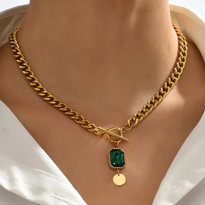 Collier pendentif chaîne émeraude épais | Or