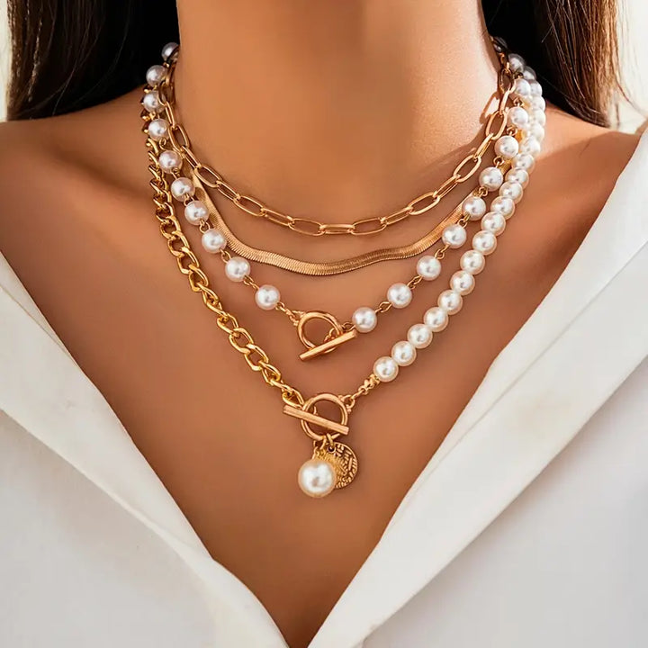 Collier vintage en perles & chaîne | Or