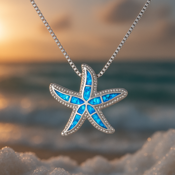Collier avec étoile de mer lumineuse et opale | Argent