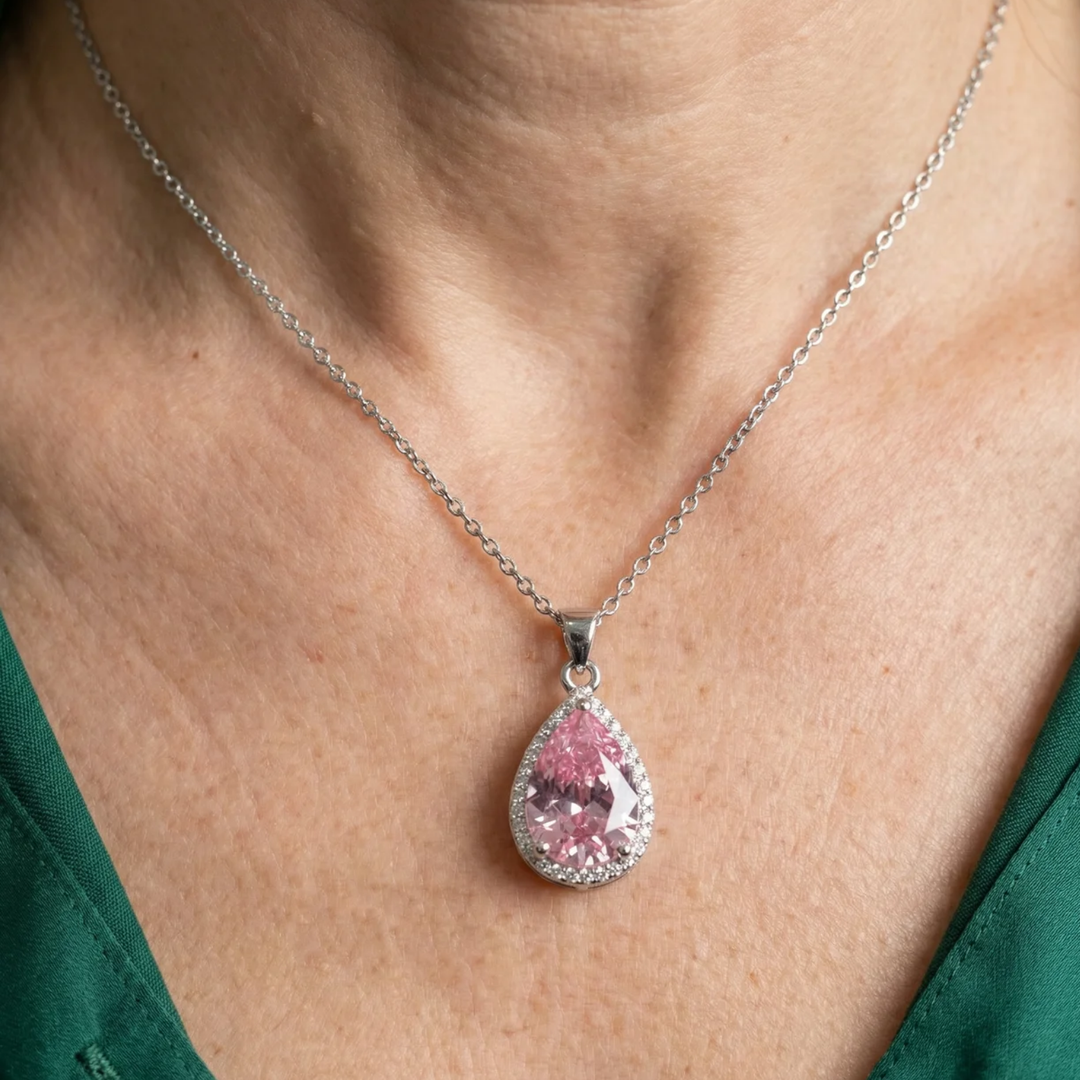 Collier en forme de goutte rose | Or blanc