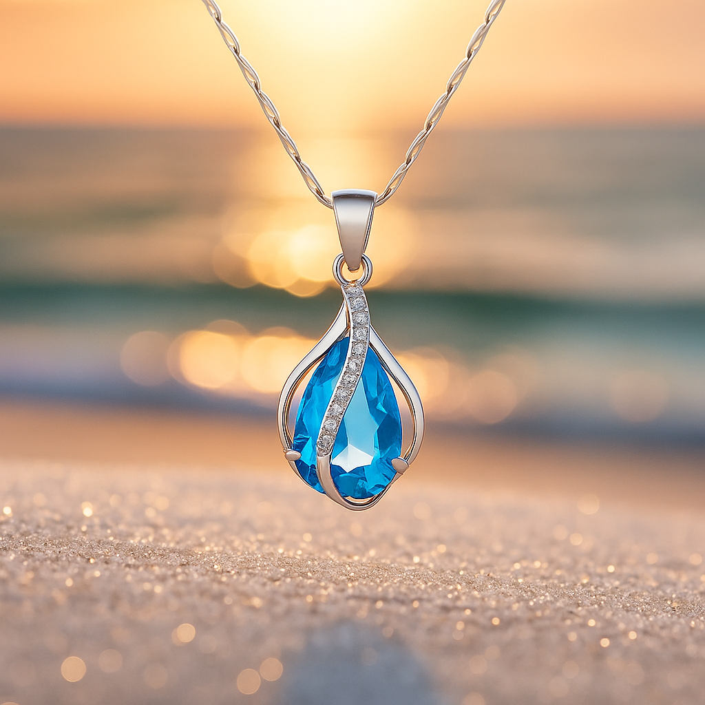 Collier en goutte fait main en zircon bleu | Or
