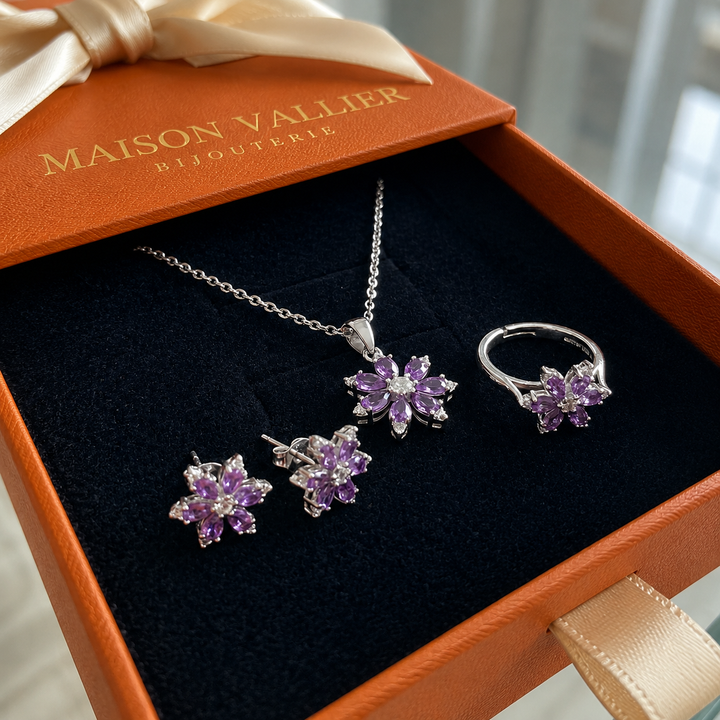 Ensemble de bijoux améthyste fleur | Or blanc