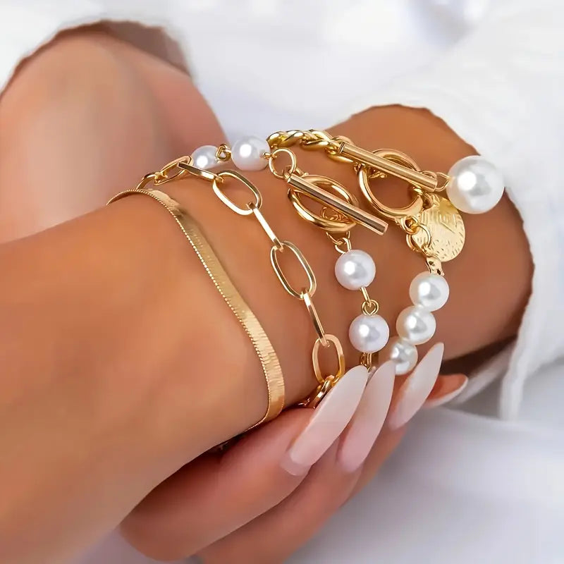 Ensemble de bracelets chic - serpent, perles & maillons | Or