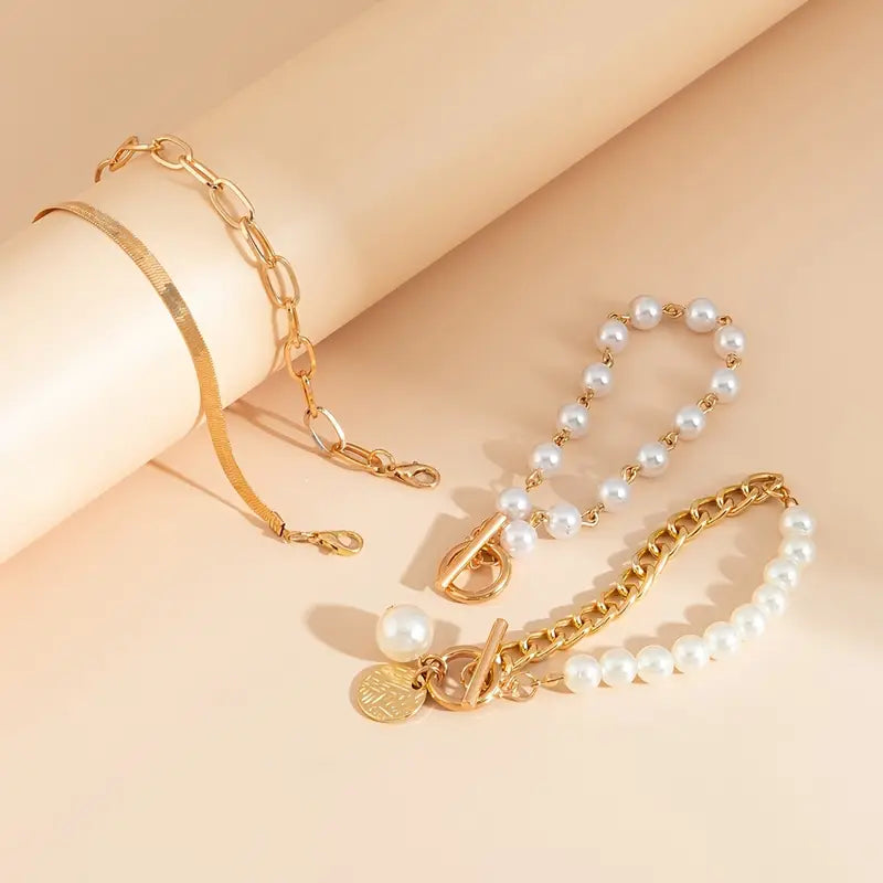 Ensemble de bracelets chic - serpent, perles & maillons | Or