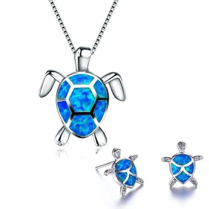 Ensemble de collier et boucles d'oreilles avec tortue de mer en opale et argent | Argent