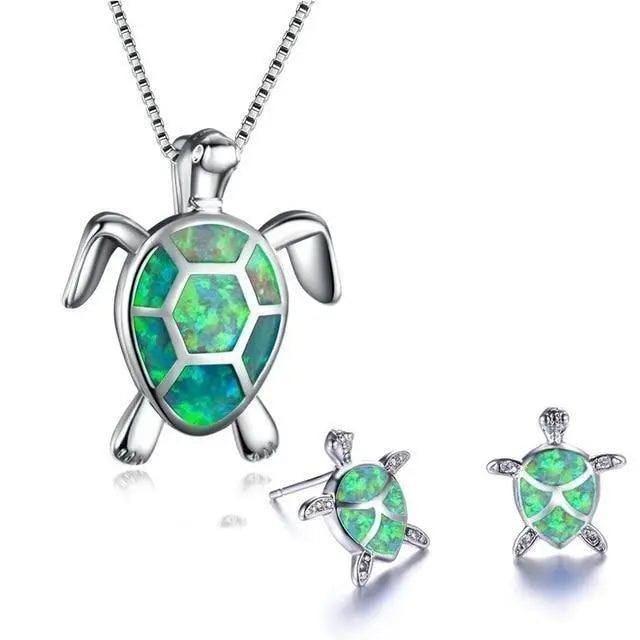Ensemble de collier et boucles d'oreilles avec tortue de mer en opale et argent | Argent