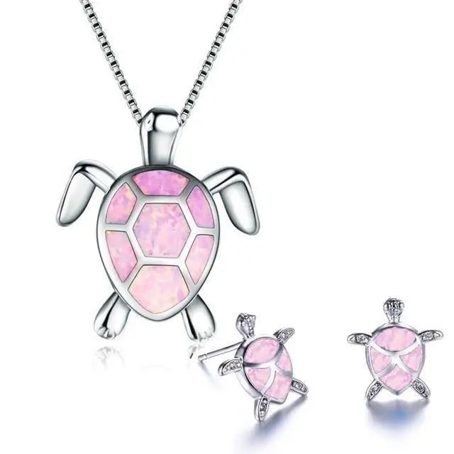 Ensemble de collier et boucles d'oreilles avec tortue de mer en opale et argent | Argent