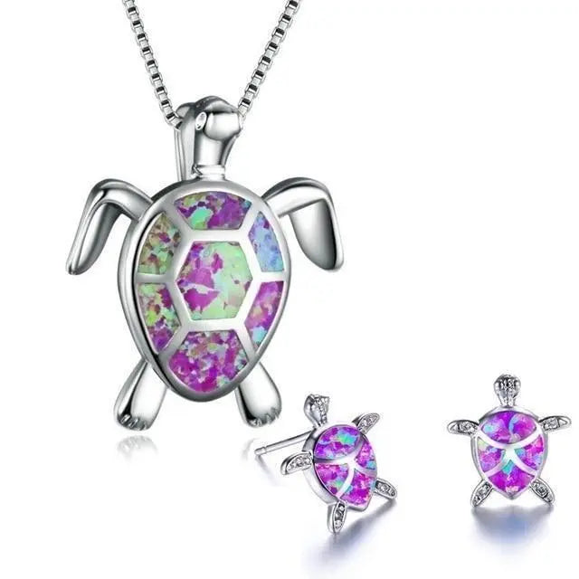 Ensemble de collier et boucles d'oreilles avec tortue de mer en opale et argent | Argent